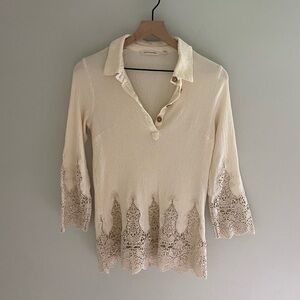 Soft Surroundings‎ cotton linen blend lace detail top size petite XS